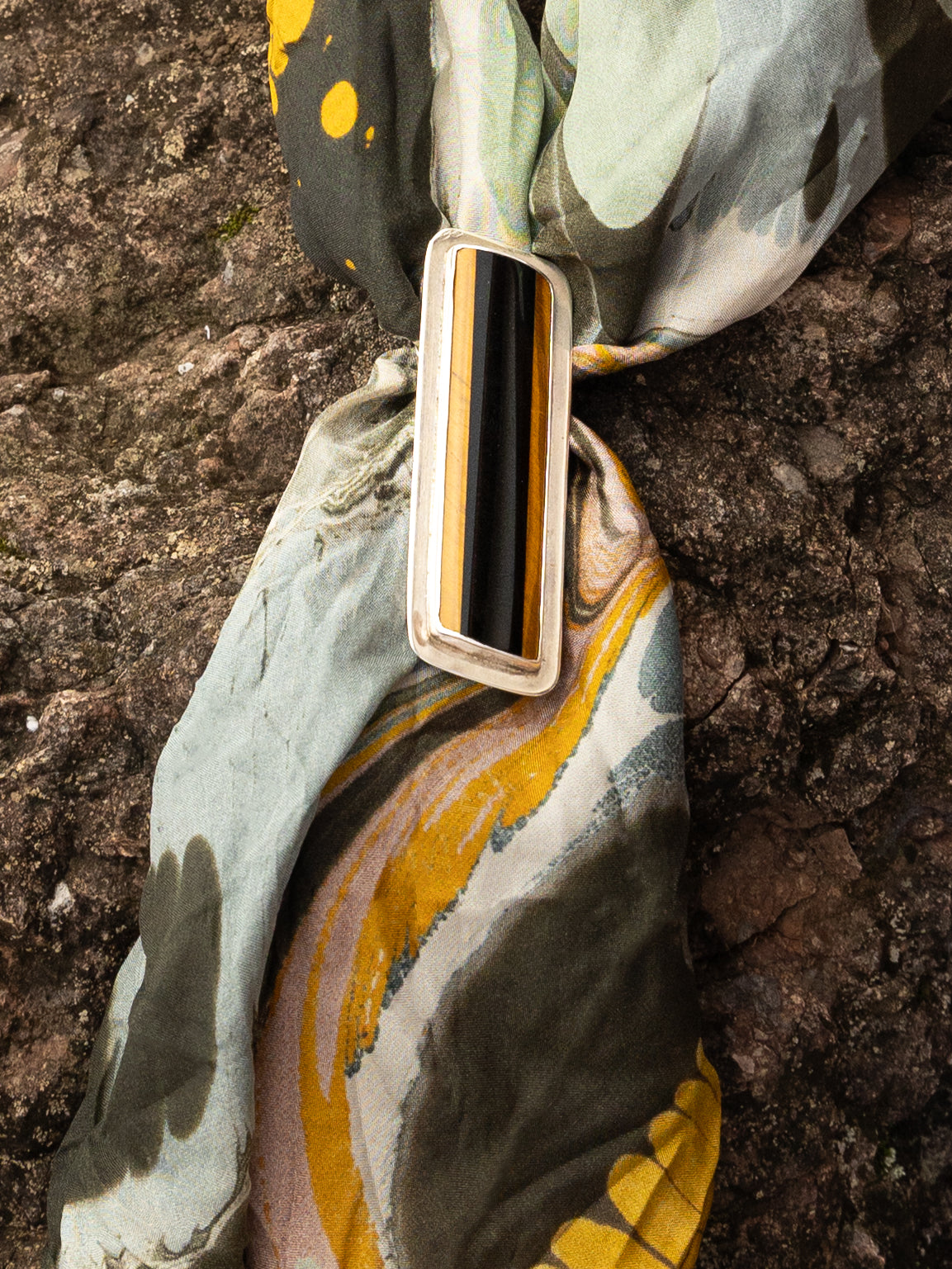 Tiger Eye & Obsidian Scarf Slide in Sterling Silver