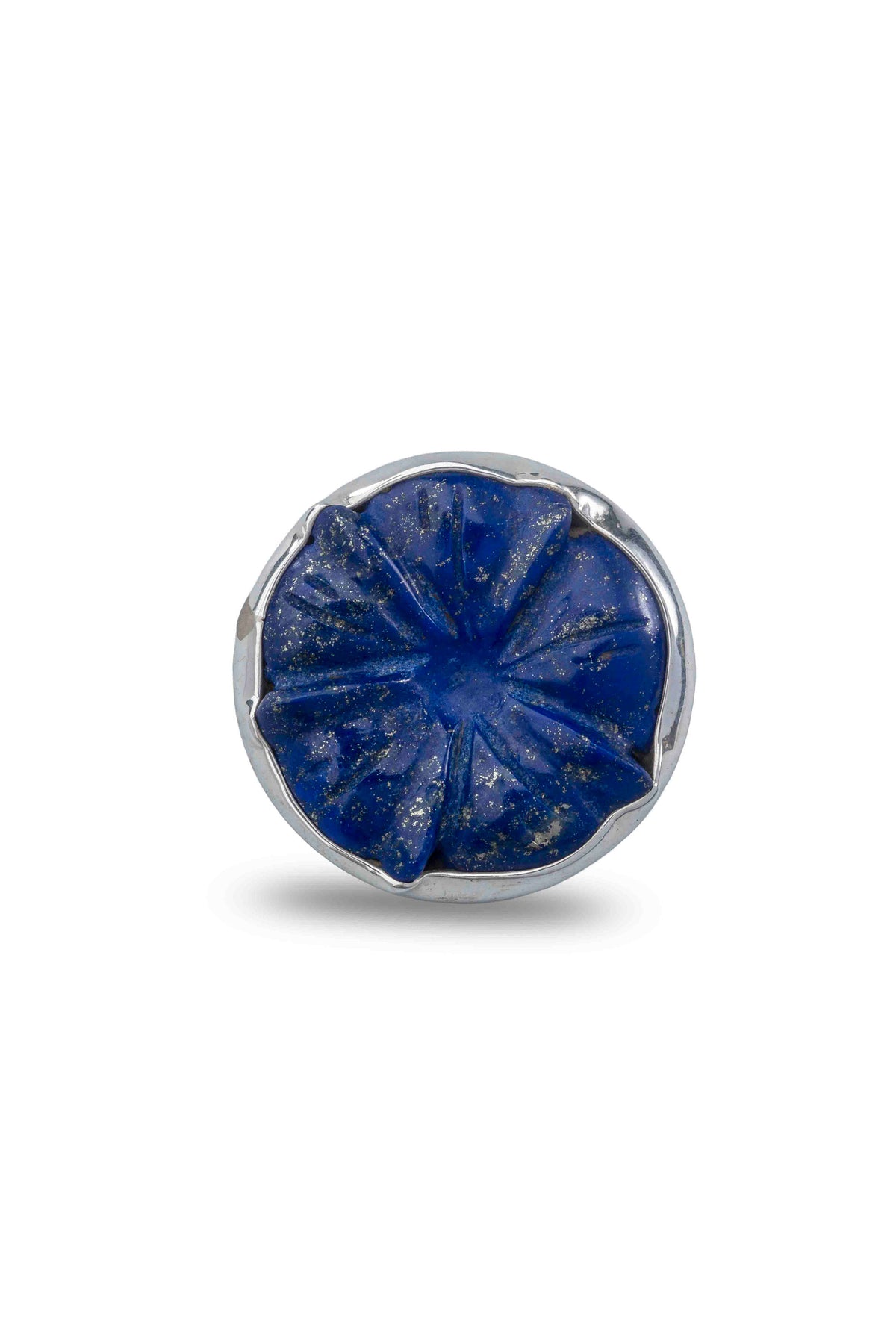 Lapis Flower Bolo Tie in sterling silver with hand-carved lapis lazuli, front view — handmade in Taxco, Mexico