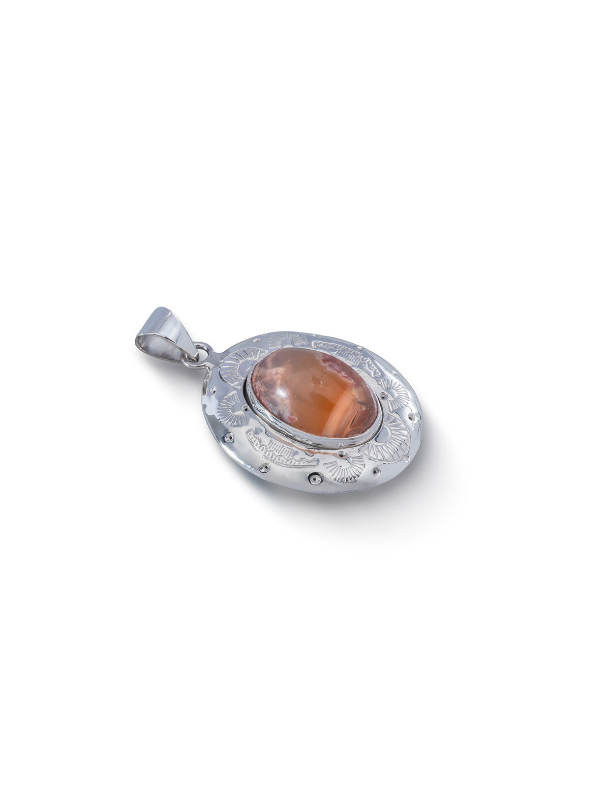 Cantera Medallion in sterling silver with Mexican cantera fire opal, side view — handmade in Taxco, Mexico