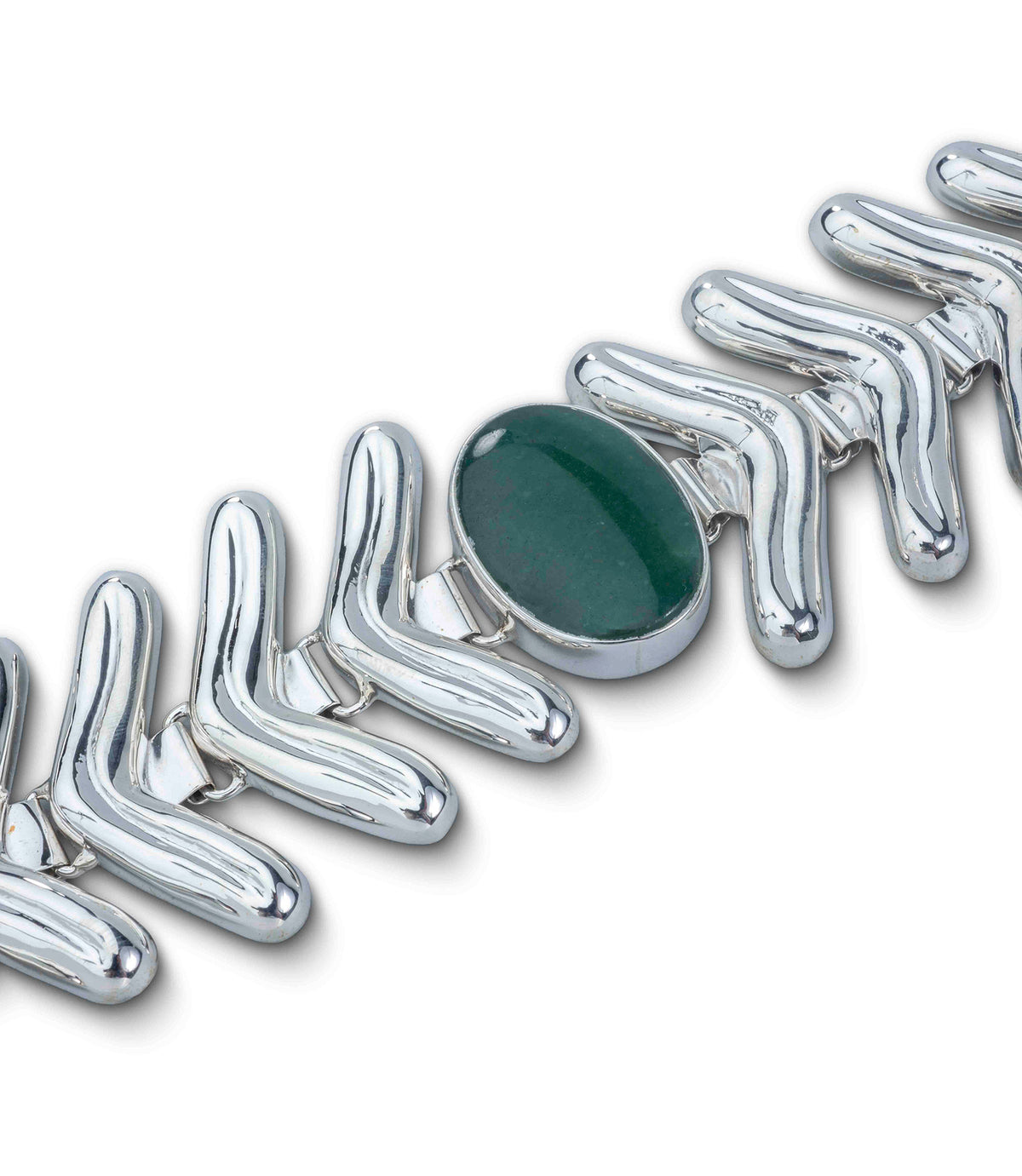 Lengua Center Stone Bracelet in sterling silver with jade, detail — handmade in Taxco, Mexico #Gemstone Type_Jade