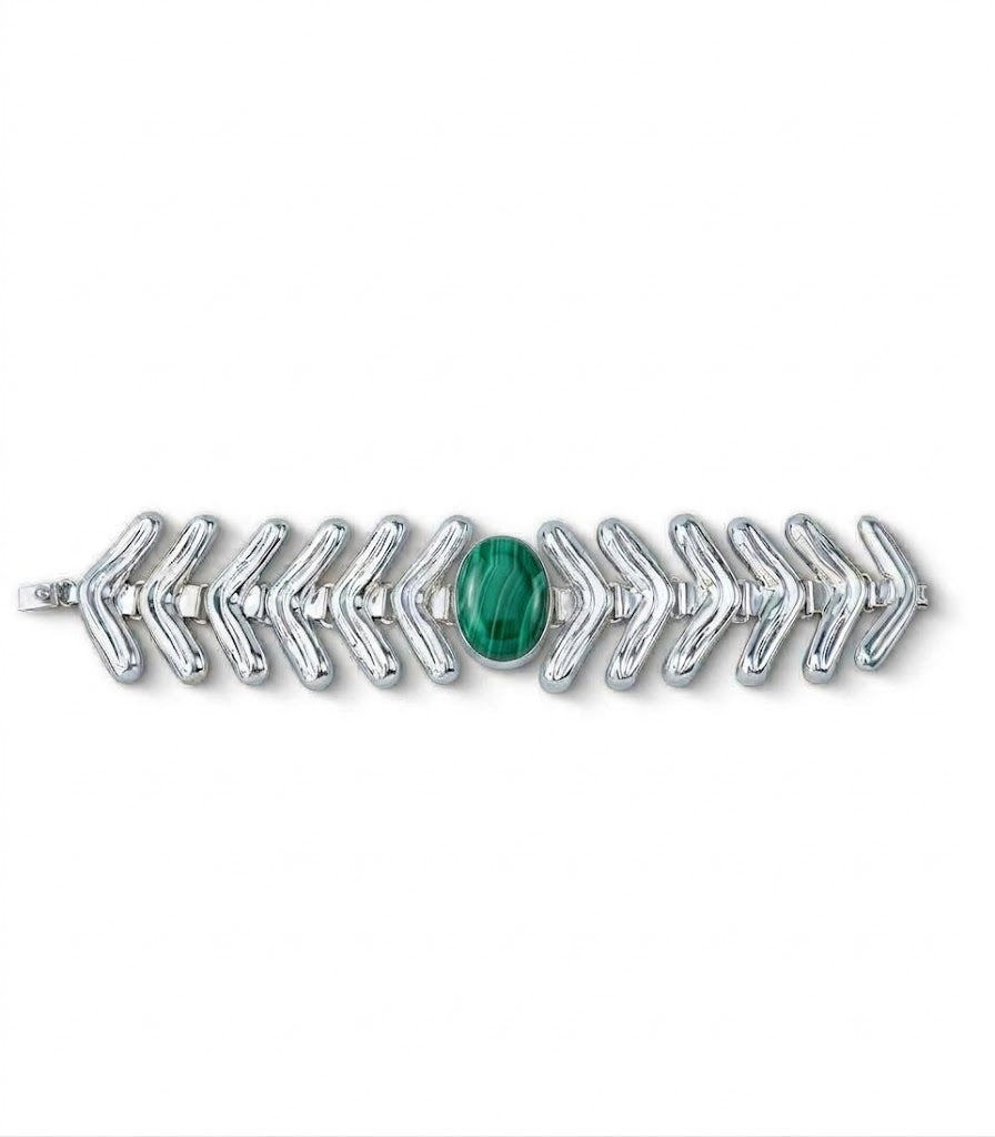 Lengua Center Stone Bracelet in sterling silver with malachite, front view — handmade in Taxco, Mexico #Gemstone Type_Malachite