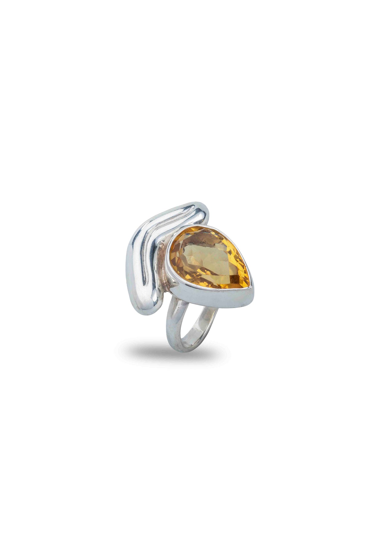 Lengua Drop Ring in sterling silver with pear-cut citrine, side view — handmade in Taxco, Mexico
