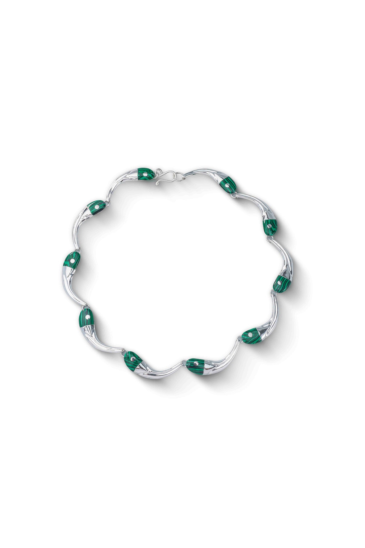 Pez Necklace in sterling silver with malachite, front view — handmade in Taxco, Mexico #Gemstone Type_Malachite