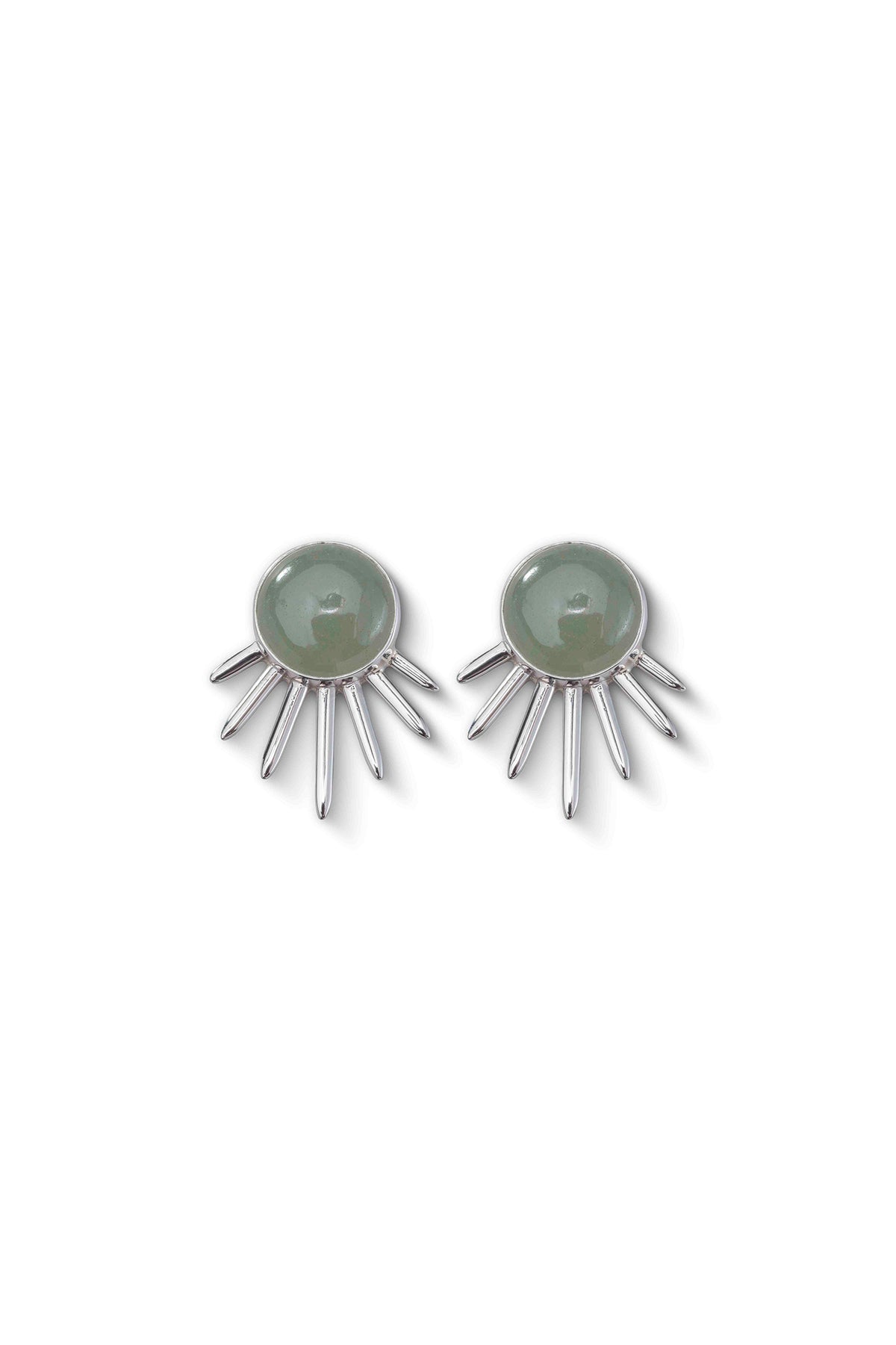 Sol Earrings in sterling silver with jade, front view — handmade in Taxco, Mexico #Gemstone Type_Jade