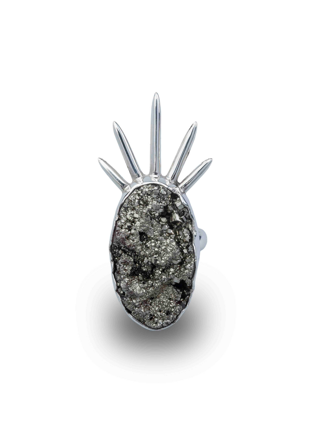 Sol Scarf Ring in sterling silver with pyrite, front view — handmade in Taxco, Mexico #Gemstone Type_Pyrite