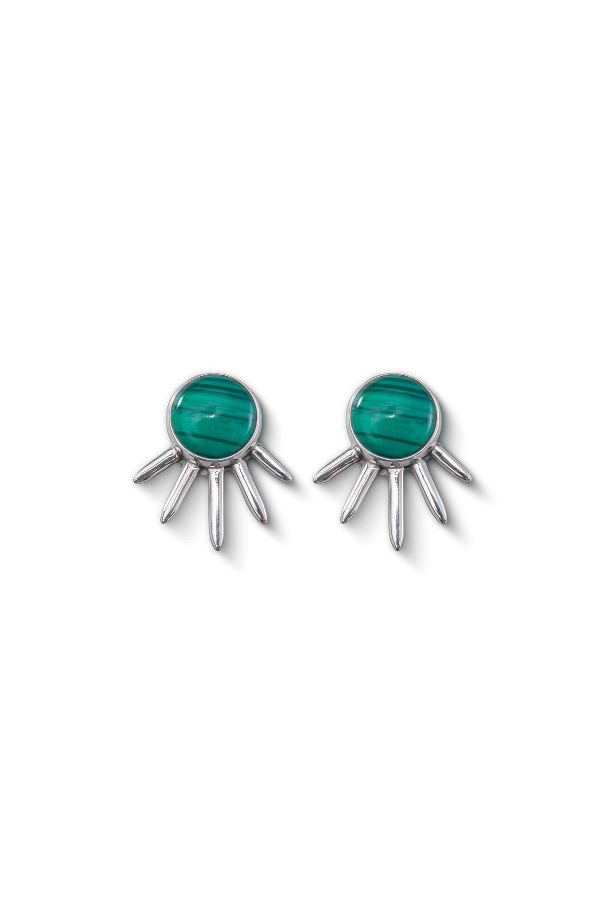 Malachite jewelry in sterling silver — Sol Pequeño Earrings, handmade in Taxco, Mexico
