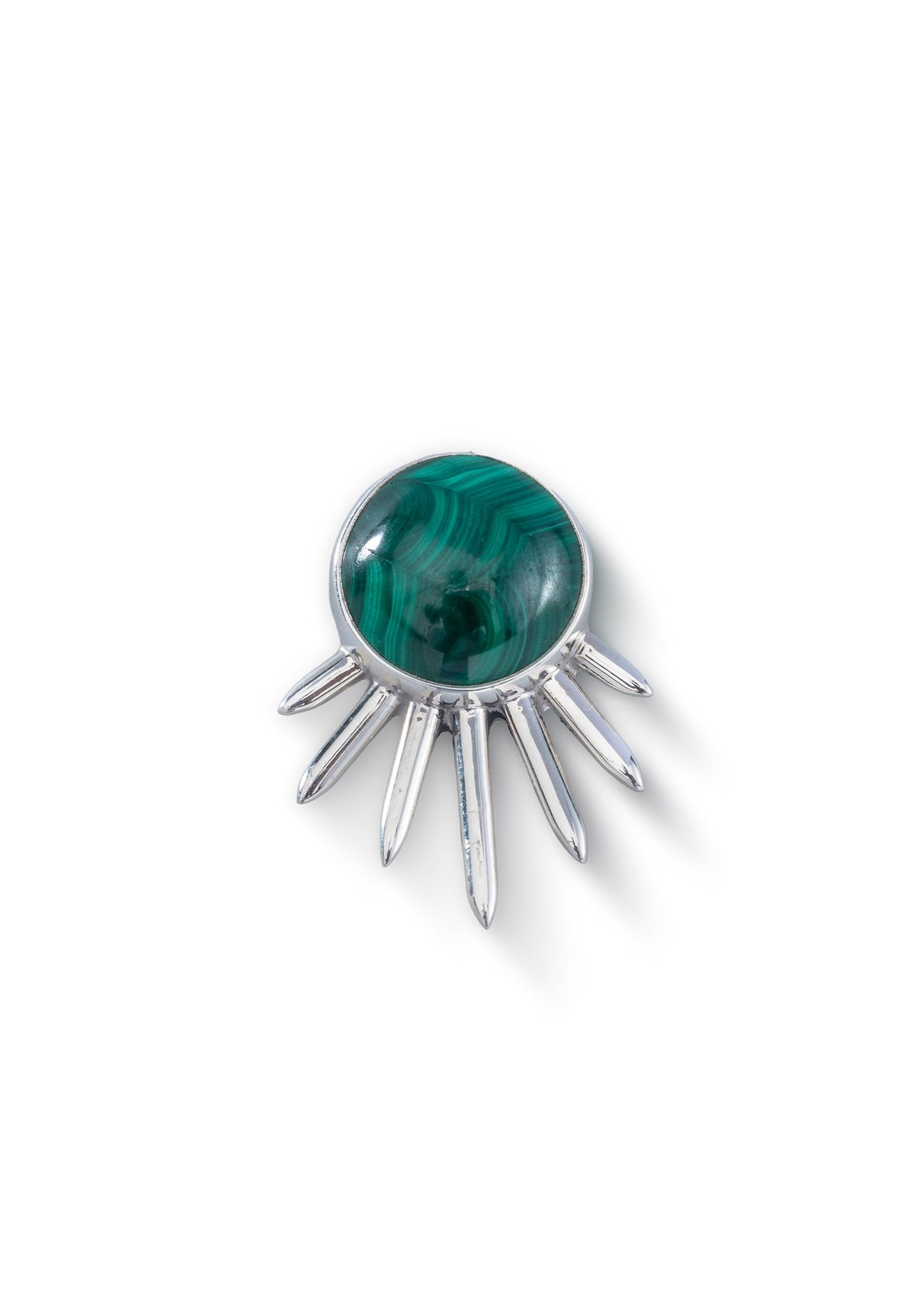 Sol Pin Pequeño in sterling silver with malachite, front view — handmade in Taxco, Mexico #Gemstone Type_Malachite