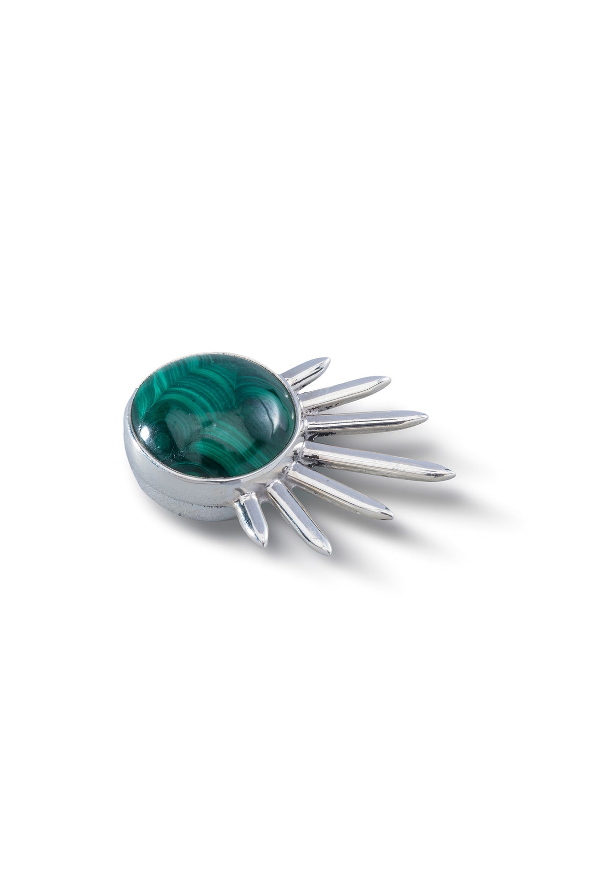 Sol Pin Pequeño in sterling silver with malachite, side view — handmade in Taxco, Mexico #Gemstone Type_Malachite