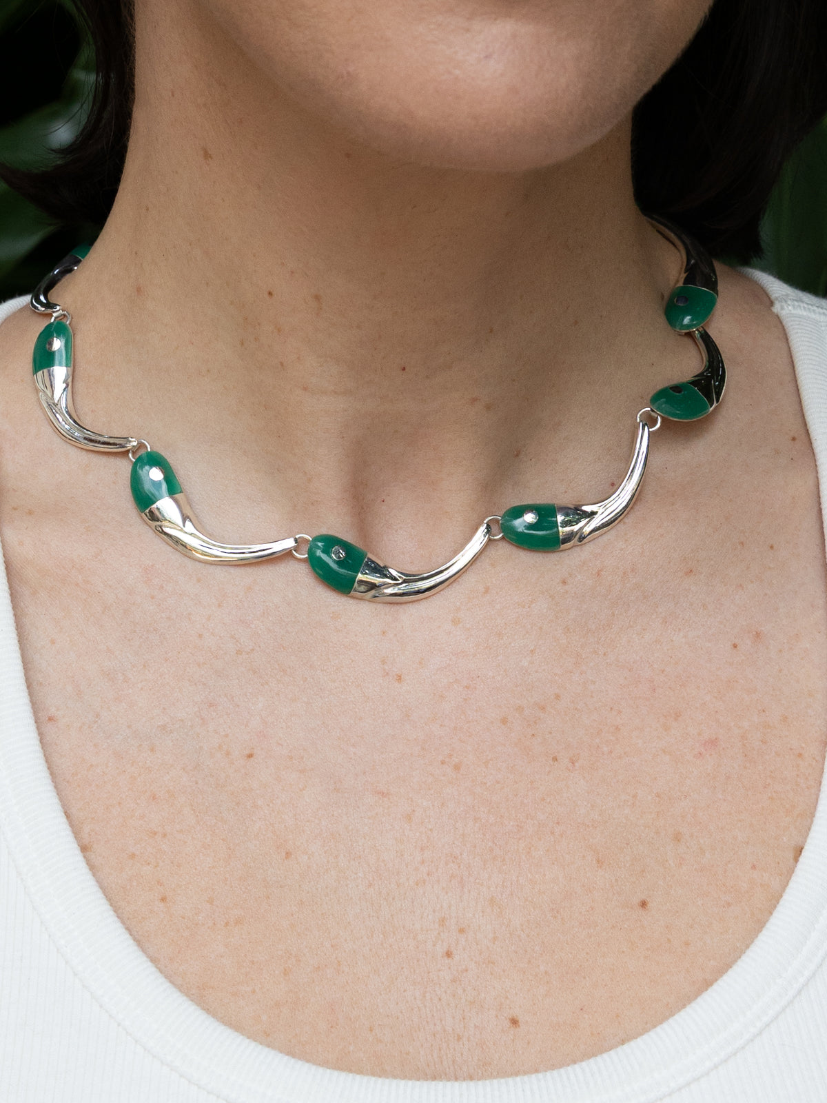 Pez Necklace in sterling silver with jade, worn on the model — handmade in Taxco, Mexico #Gemstone Type_Jade