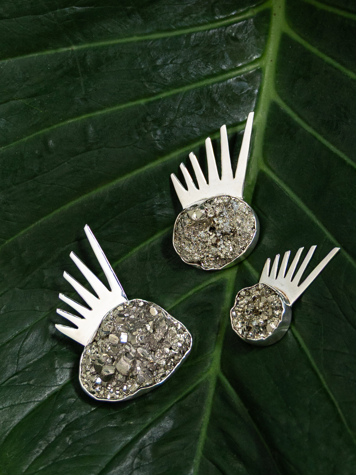 Sol pins in sterling silver with pyrite, shown in three sizes — handmade in Taxco, Mexico #Gemstone Type_Pyrite