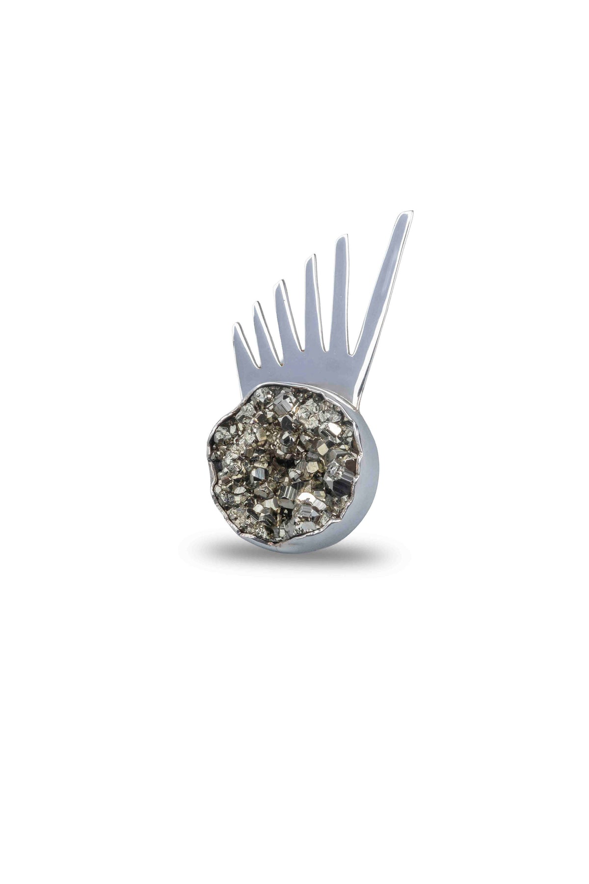 Sol Spur Pin Pequeño in sterling silver with raw pyrite, front view — handmade in Taxco, Mexico #Gemstone Type_Pyrite