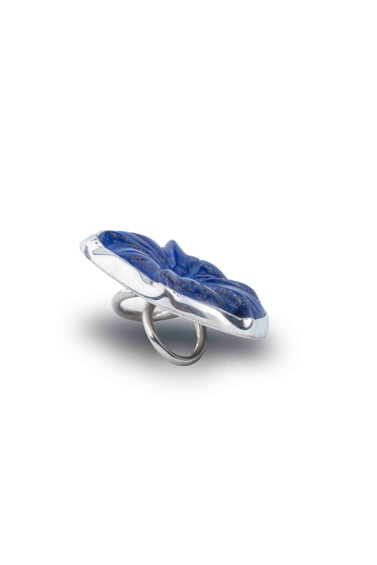 Lapis Flower Bolo Tie in sterling silver, detail of the carved lapis lazuli flower — handmade in Taxco, Mexico