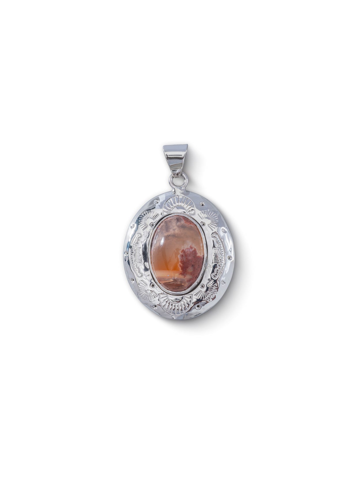 Cantera Medallion in sterling silver with Mexican cantera fire opal, front view — hand-raised repoussé, Taxco, Mexico