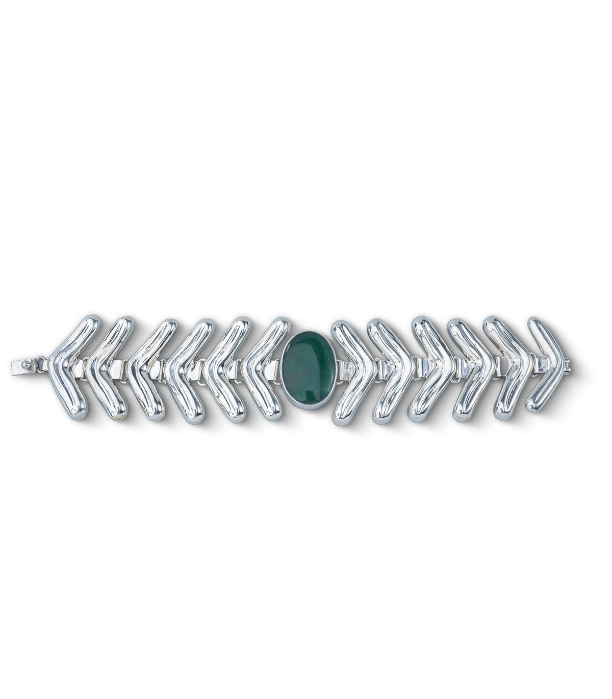 Lengua Center Stone Bracelet in sterling silver with jade, front view — handmade in Taxco, Mexico #Gemstone Type_Jade