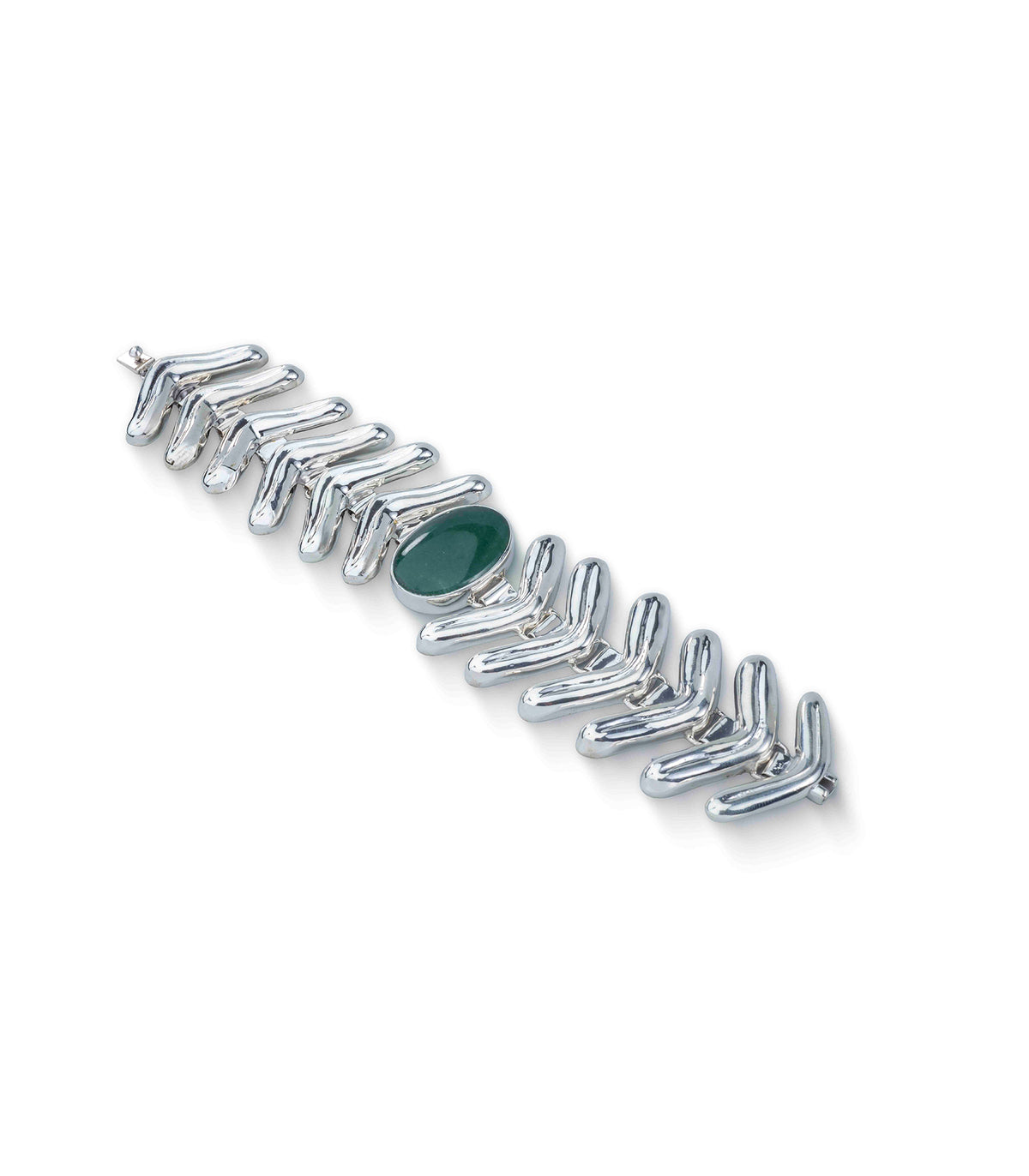 Lengua Center Stone Bracelet in sterling silver with jade, side view — handmade in Taxco, Mexico #Gemstone Type_Jade