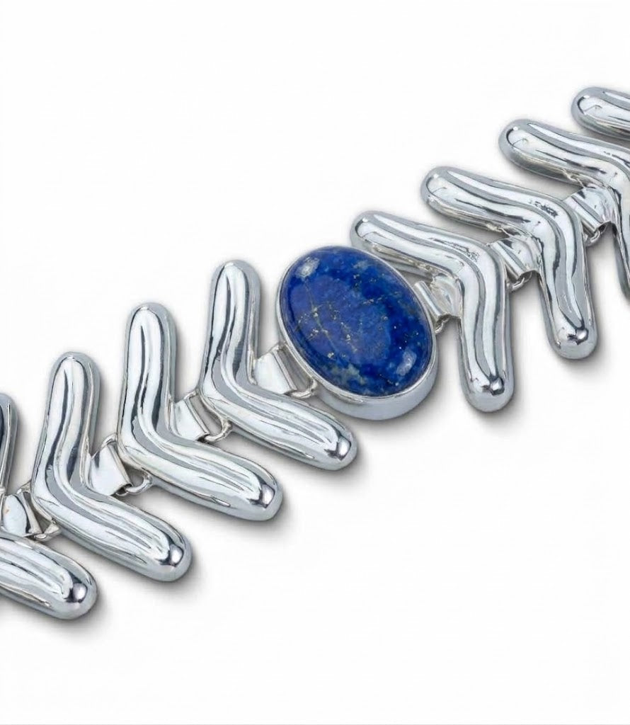 Lengua Center Stone Bracelet in sterling silver with lapis lazuli, detail — handmade in Taxco, Mexico #Gemstone Type_Lapis Lazuli