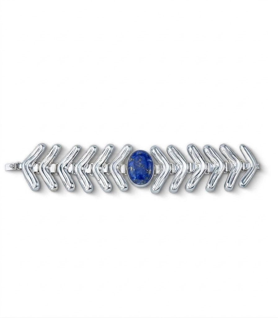 Lengua Center Stone Bracelet in sterling silver with lapis lazuli, front view — handmade in Taxco, Mexico #Gemstone Type_Lapis Lazuli