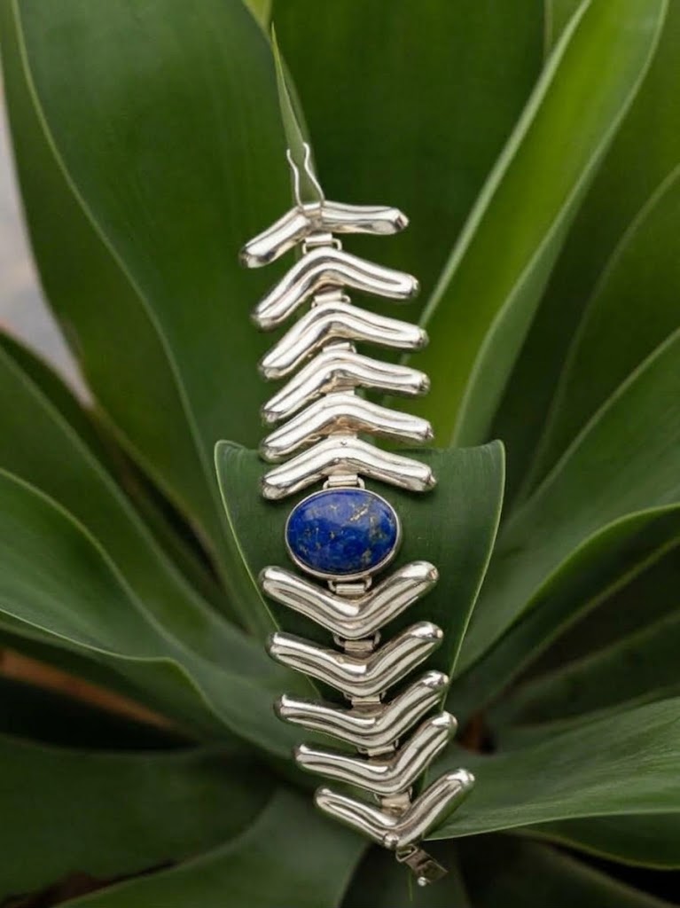 Lengua Center Stone Bracelet in sterling silver with lapis lazuli, on model — handmade in Taxco, Mexico #Gemstone Type_Lapis Lazuli