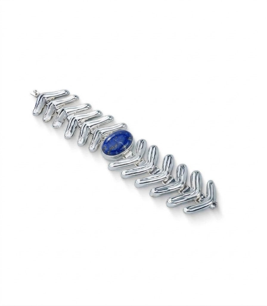 Lengua Center Stone Bracelet in sterling silver with lapis lazuli, side view — handmade in Taxco, Mexico #Gemstone Type_Lapis Lazuli