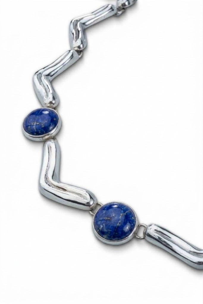 Lengua Trio Necklace in sterling silver with lapis lazuli, close-up of the stones — handmade in Taxco, Mexico #Gemstone Type_Lapis lazuli