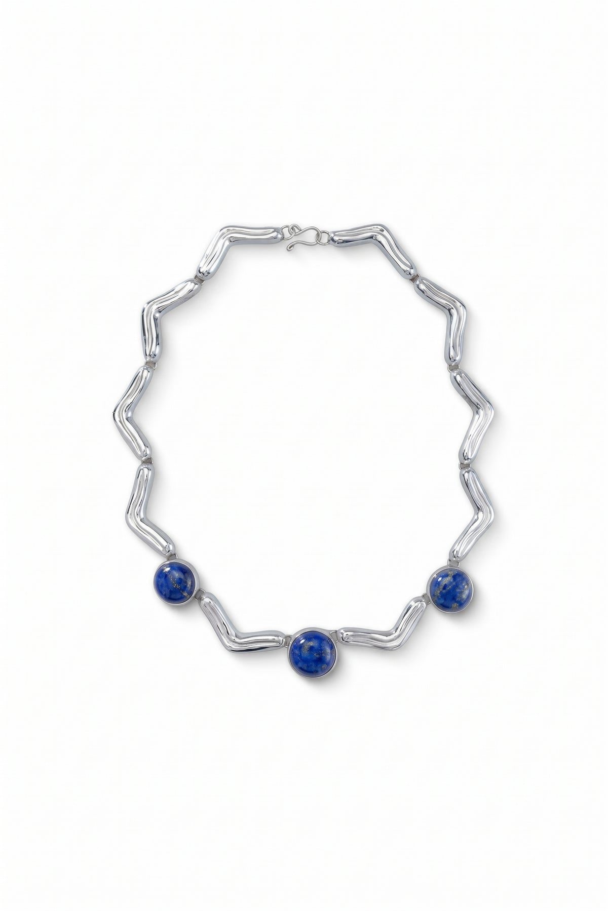 Lengua Trio Necklace in sterling silver with lapis lazuli, front view — handmade in Taxco, Mexico #Gemstone Type_Lapis lazuli