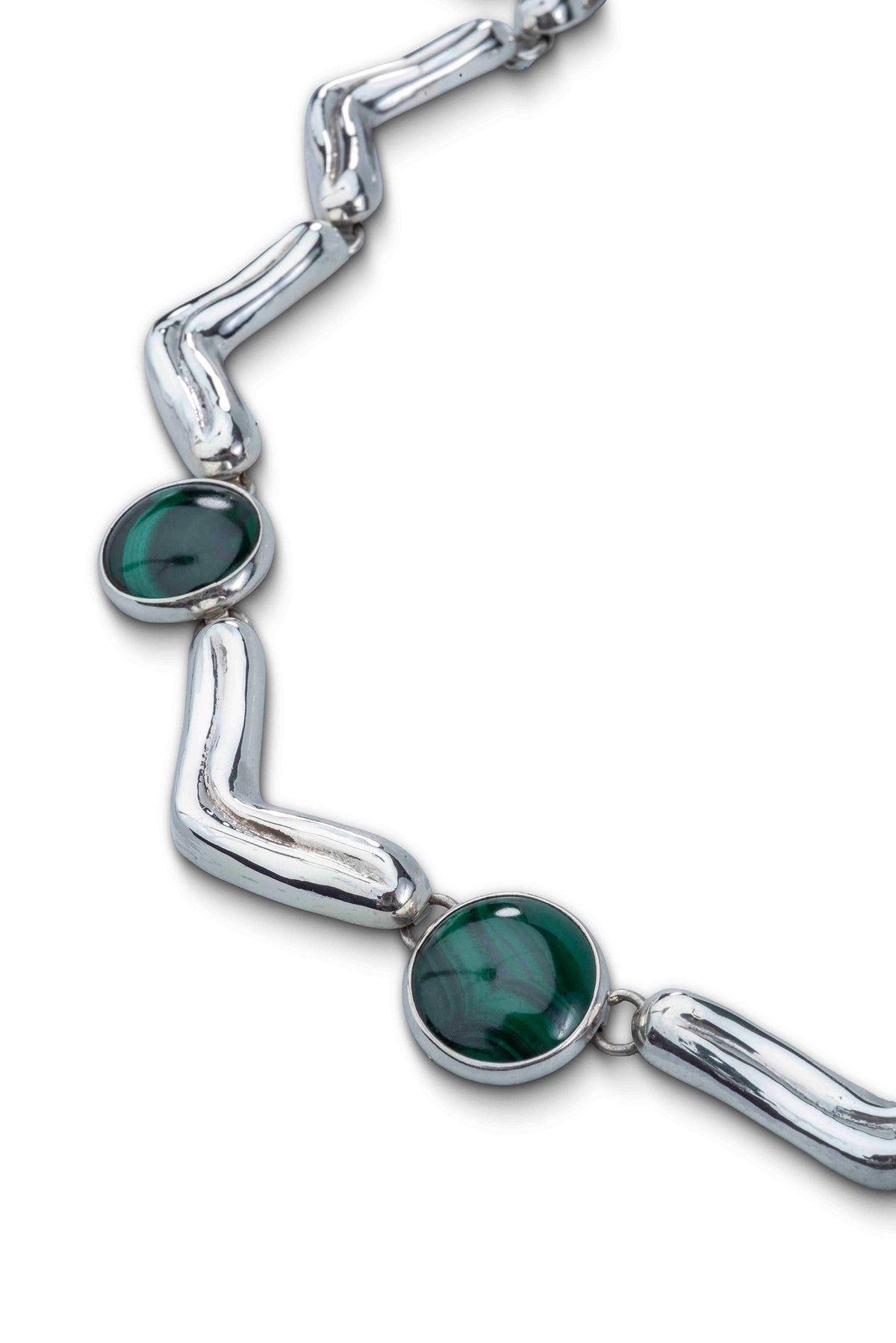 Lengua Trio Necklace in sterling silver with malachite, close-up of the stones — handmade in Taxco, Mexico #Gemstone Type_Malachite