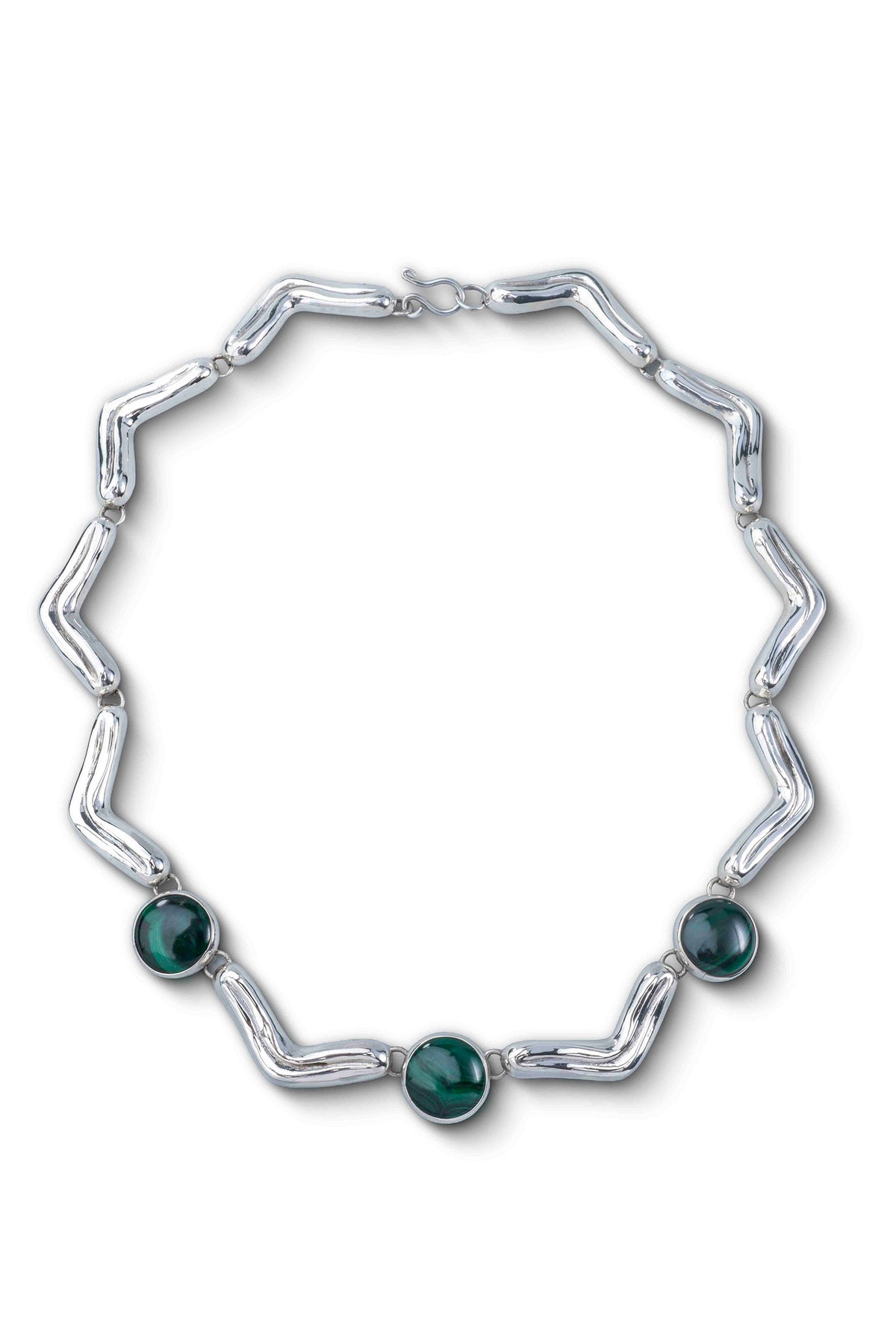 Lengua Trio Necklace in sterling silver with malachite, front view — handmade in Taxco, Mexico #Gemstone Type_Malachite