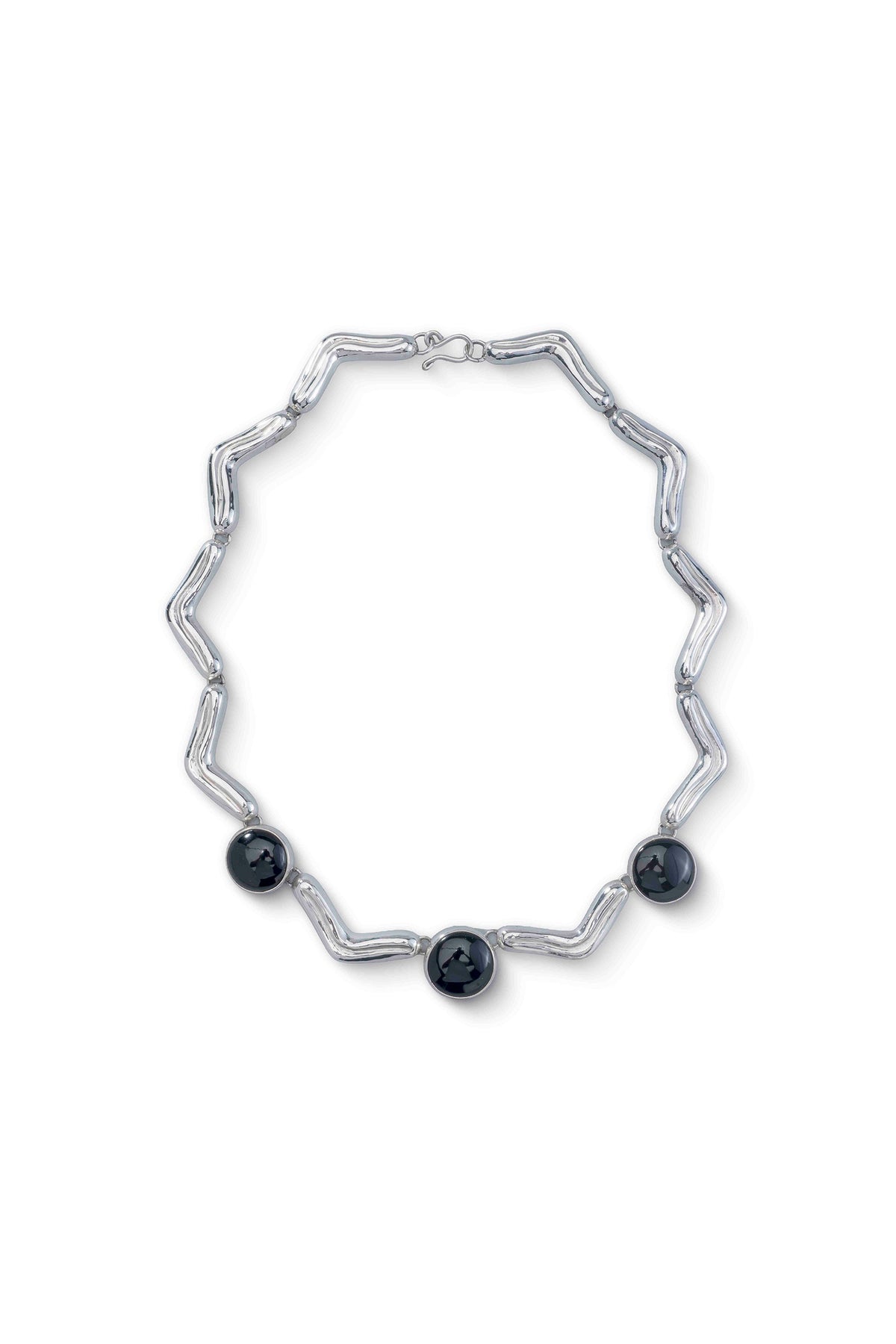 Lengua Trio Necklace in sterling silver with black onyx, front view — handmade in Taxco, Mexico #Gemstone Type_Onyx