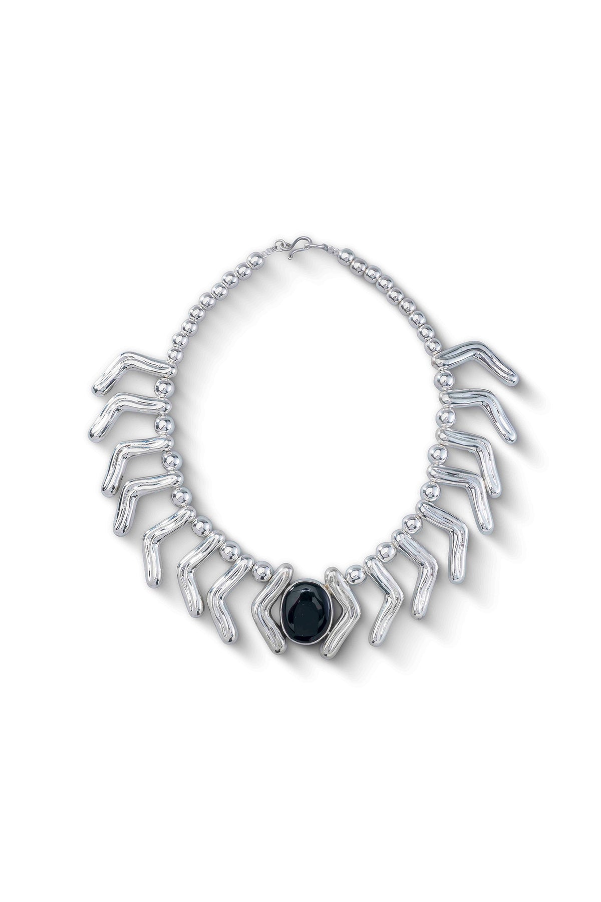 Lilly Necklace in sterling silver with black onyx, front view — handmade in Taxco, Mexico #Gemstone Type_Onyx
