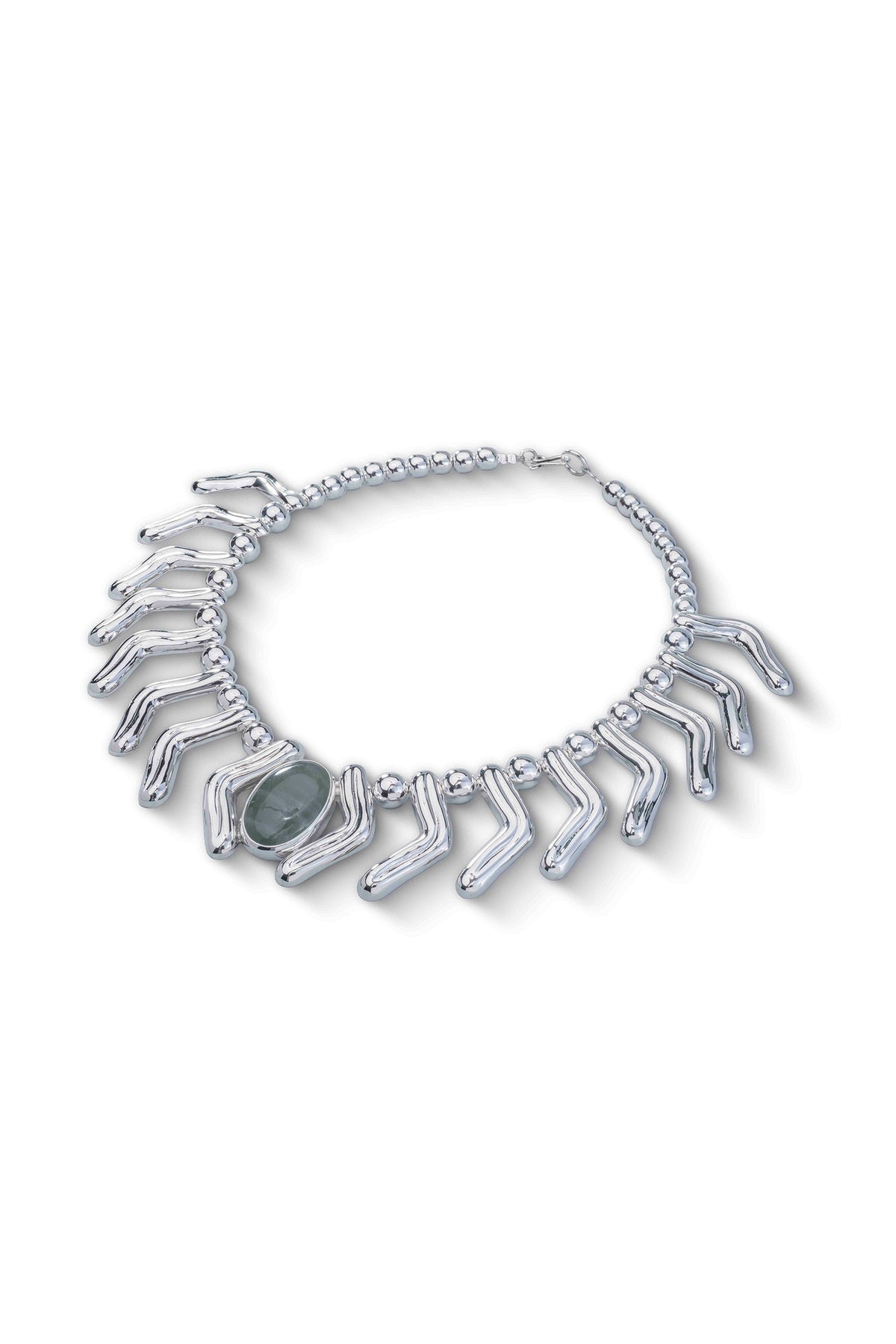 Lilly Necklace in sterling silver with jade, side view — handmade in Taxco, Mexico #Gemstone Type_Jade