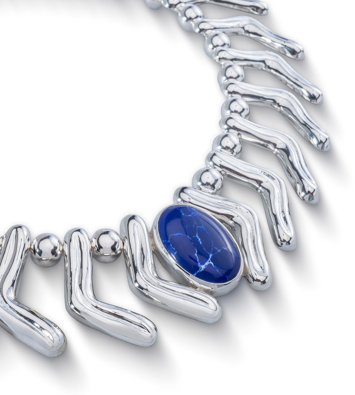 Lilly Necklace in sterling silver with lapis lazuli, close-up of the stone — handmade in Taxco, Mexico #Gemstone Type_Lapis lazuli
