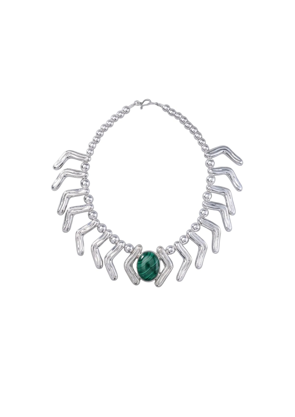 Lilly Necklace in sterling silver with malachite, front view — handmade in Taxco, Mexico #Gemstone Type_Malachite