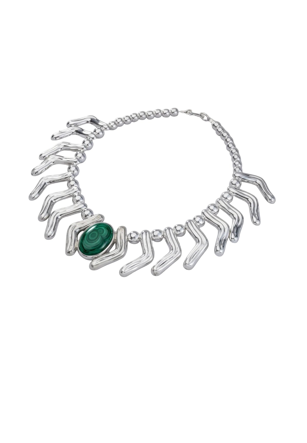 Lilly Necklace in sterling silver with malachite, side view — handmade in Taxco, Mexico #Gemstone Type_Malachite