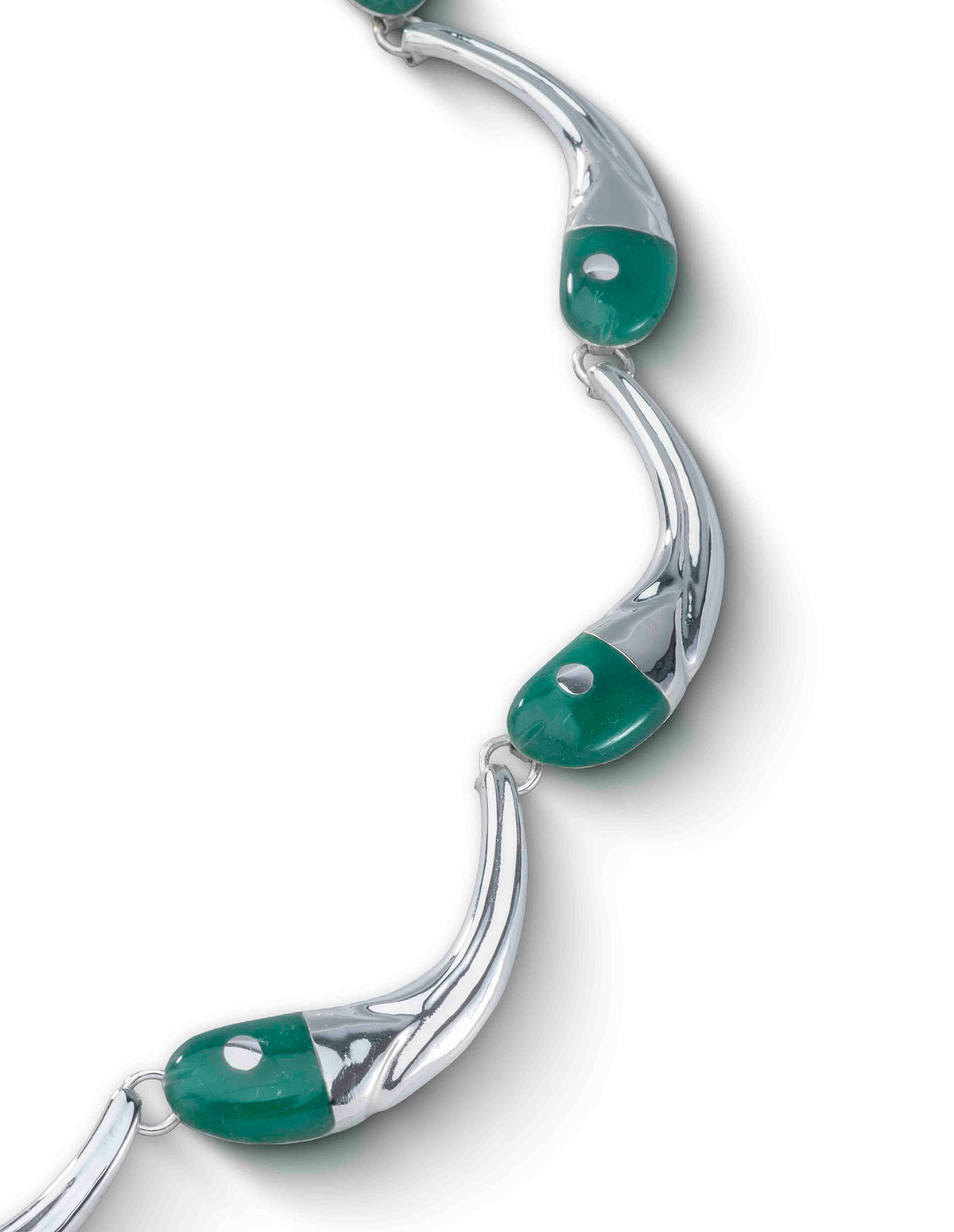 Pez Necklace in sterling silver with jade, close-up of the stone — handmade in Taxco, Mexico #Gemstone Type_Jade