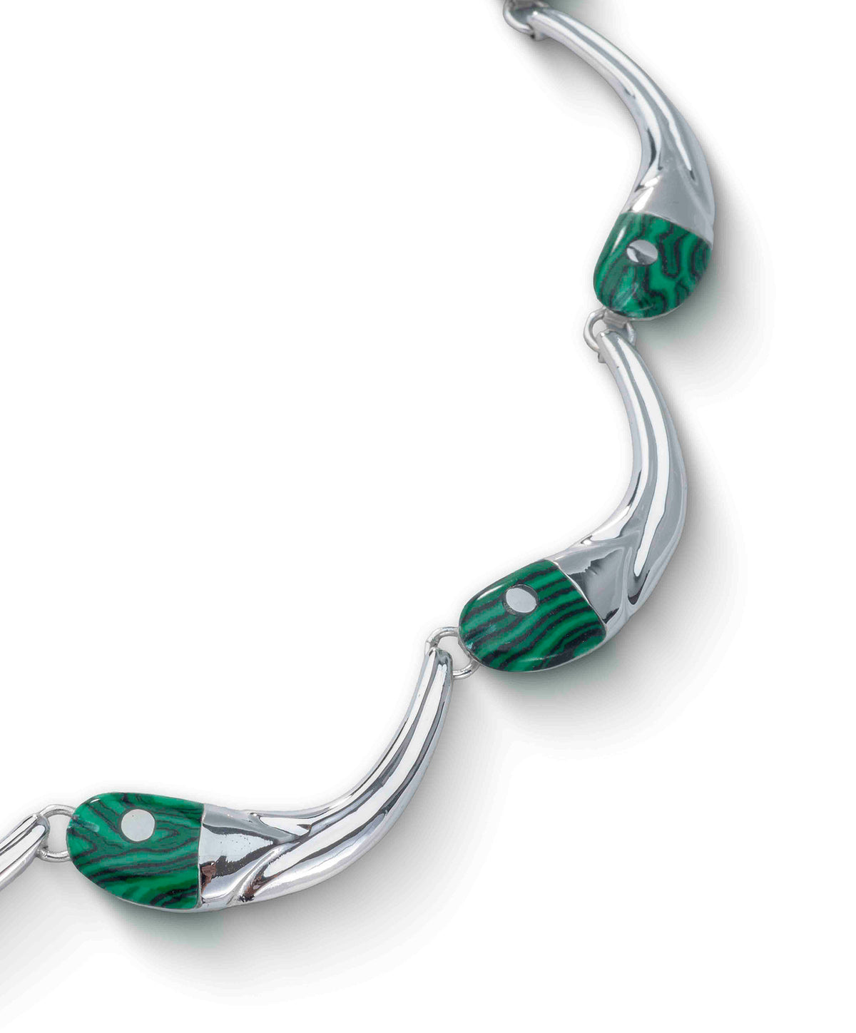 Pez Necklace in sterling silver with malachite, close-up of the stone — handmade in Taxco, Mexico #Gemstone Type_Malachite