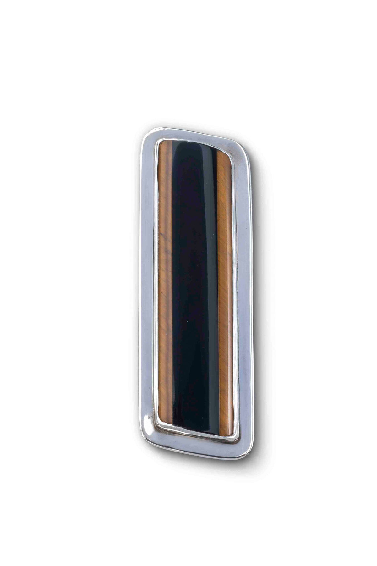 Tiger Eye & Obsidian Scarf Slide in sterling silver, front view — handmade in Taxco, Mexico