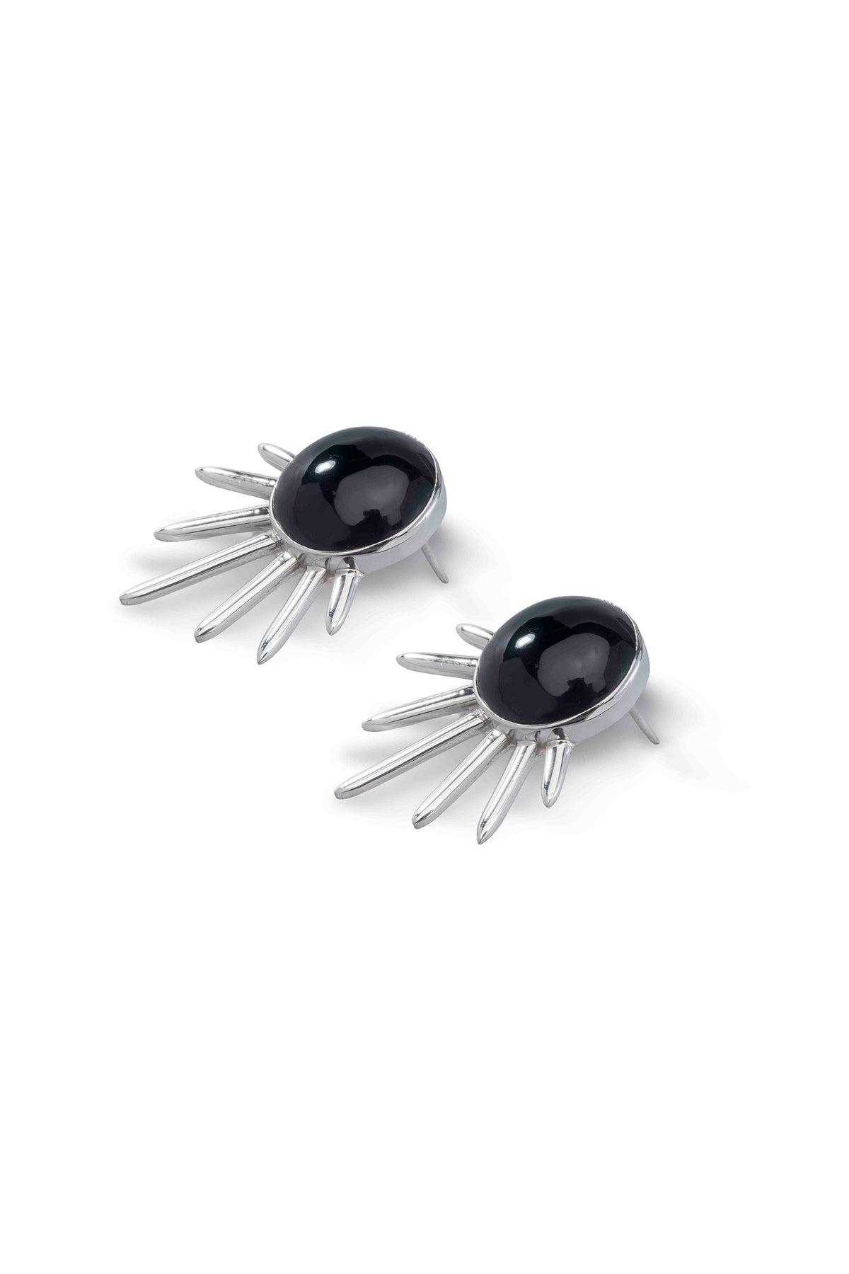 Sol Earrings in sterling silver with black onyx, angled view showing the post — handmade in Taxco, Mexico #Gemstone Type_Onyx