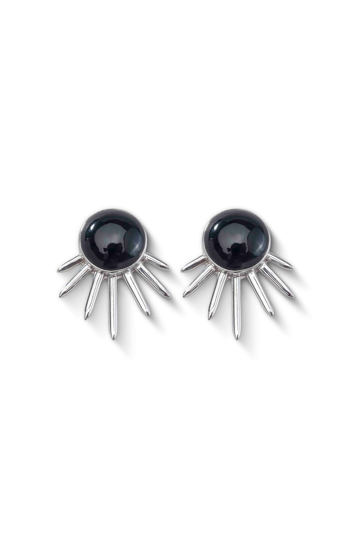 Sol Earrings in sterling silver with black onyx, front view — handmade in Taxco, Mexico #Gemstone Type_Onyx