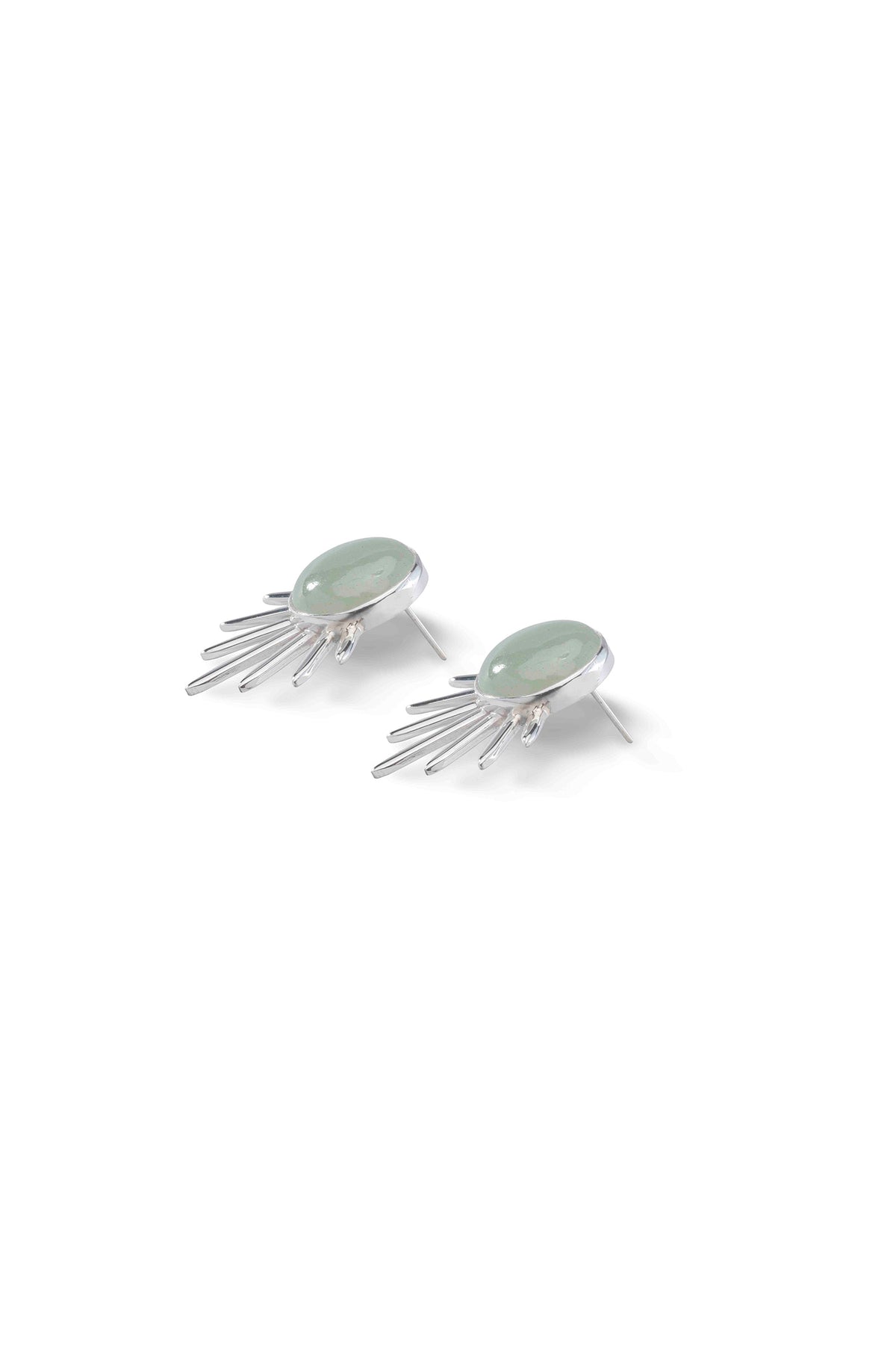 Sol Earrings in sterling silver with jade, angled view showing the post — handmade in Taxco, Mexico #Gemstone Type_Jade
