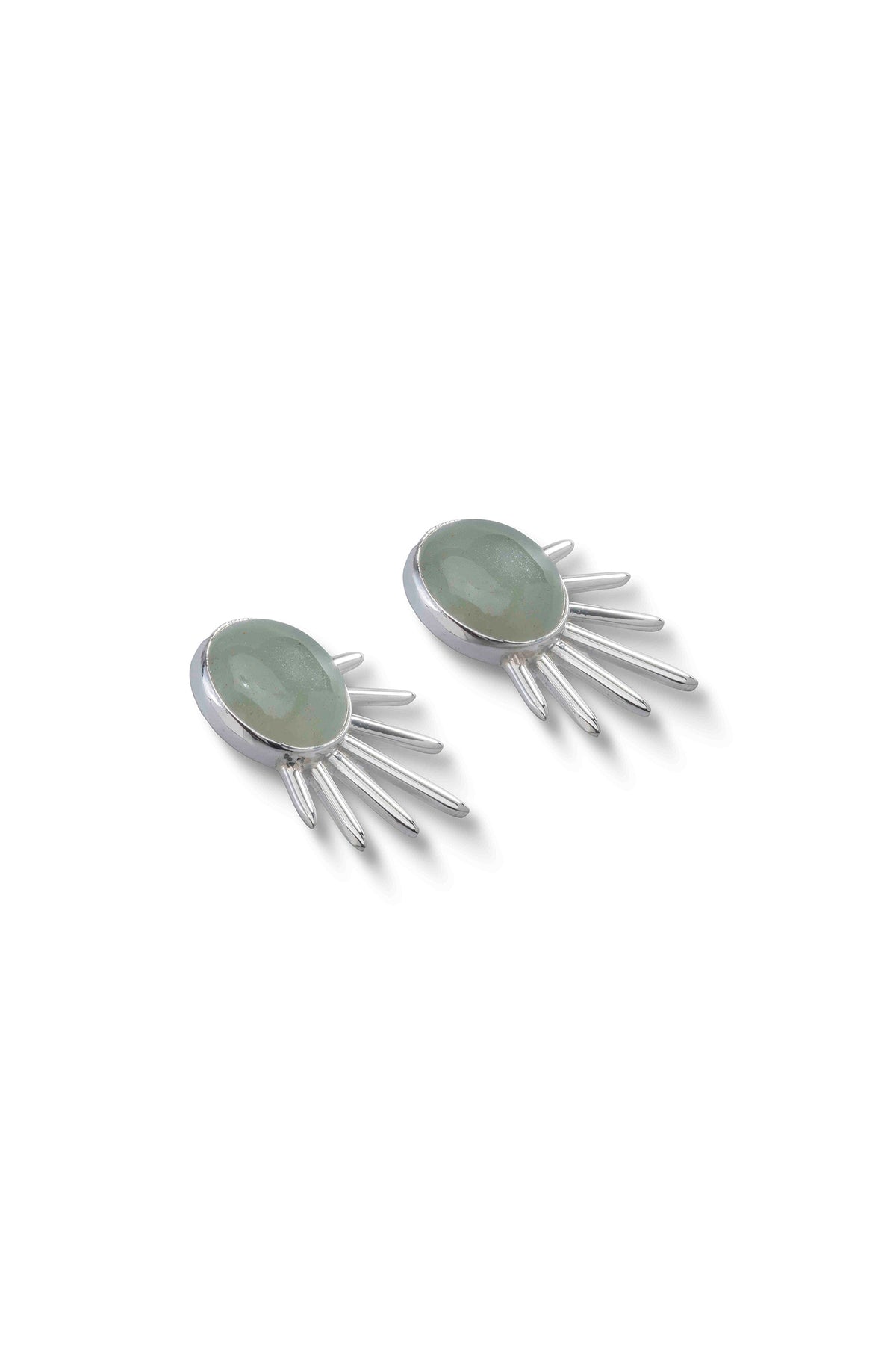 Sol Earrings in sterling silver with jade, lying flat — handmade in Taxco, Mexico #Gemstone Type_Jade