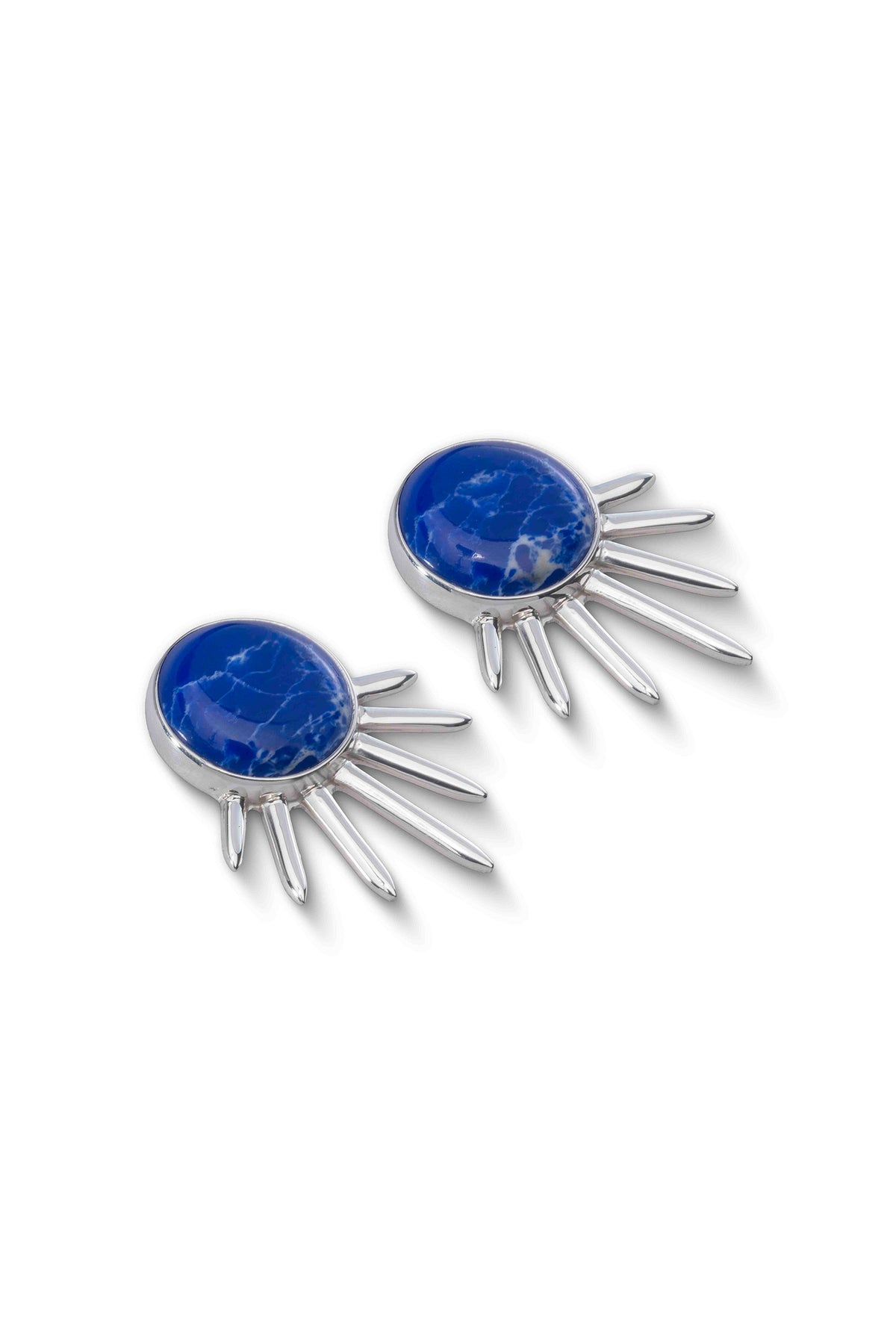 Sol Earrings in sterling silver with lapis lazuli, lying flat — handmade in Taxco, Mexico #Gemstone Type_Lapis lazuli