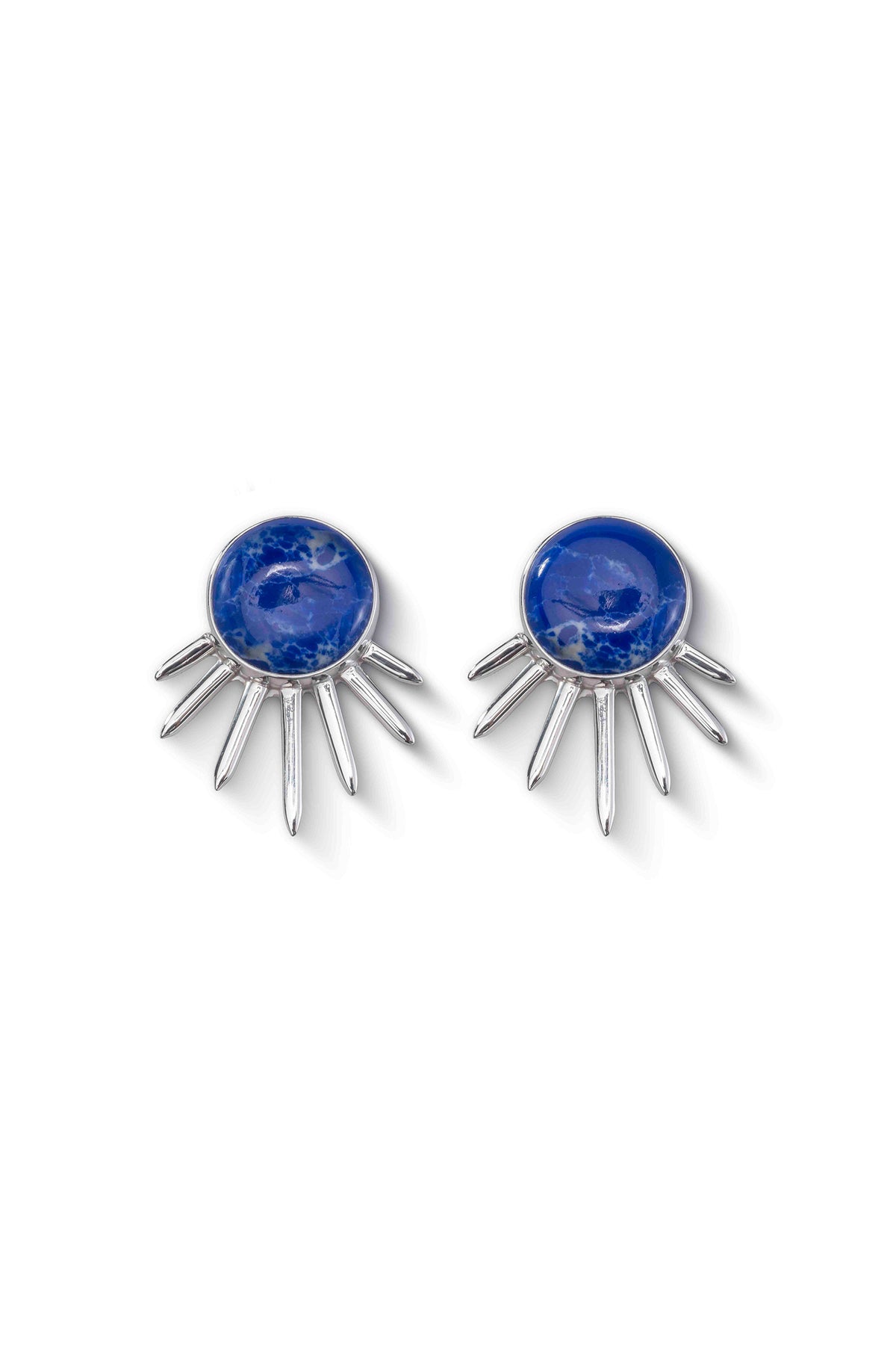 Sol Earrings in sterling silver with lapis lazuli, front view — handmade in Taxco, Mexico #Gemstone Type_Lapis lazuli