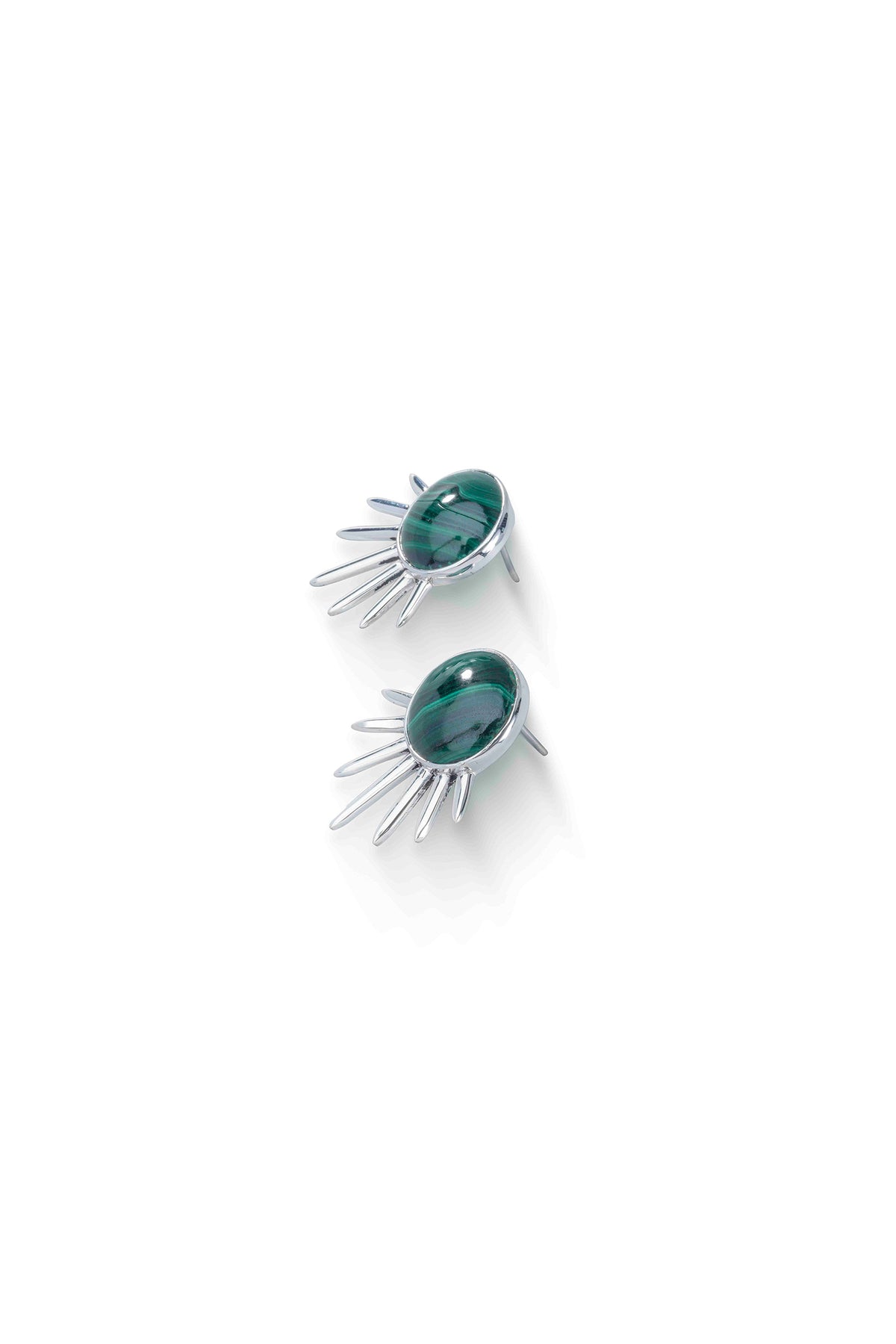 Sol Earrings in sterling silver with malachite, angled view showing the post — handmade in Taxco, Mexico #Gemstone Type_Malachite