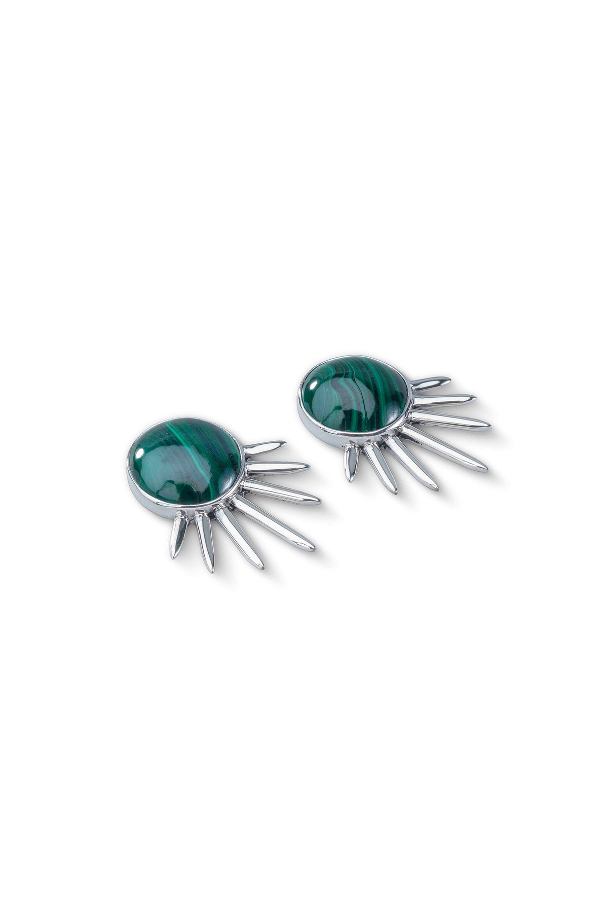 Sol Earrings in sterling silver with malachite, lying flat — handmade in Taxco, Mexico #Gemstone Type_Malachite