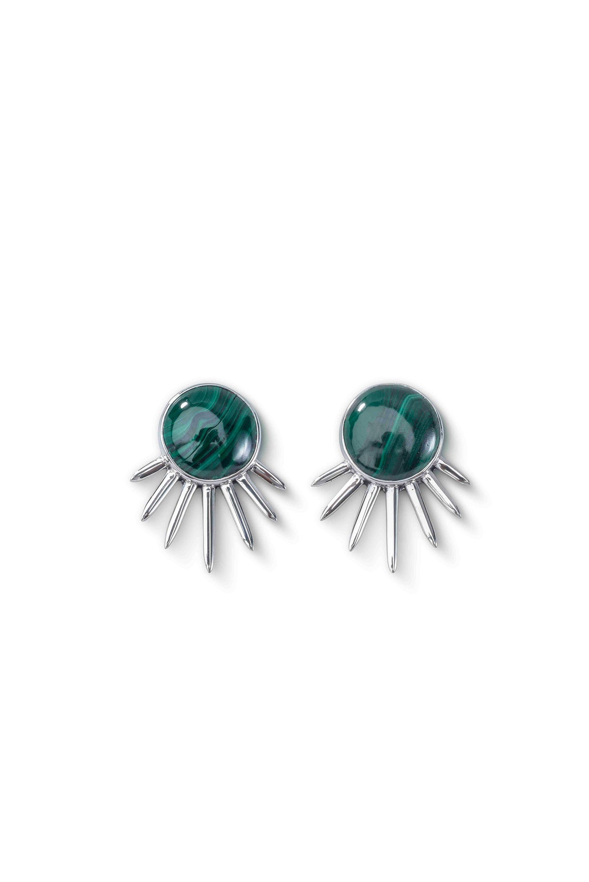 Sol Earrings in sterling silver with malachite, front view — handmade in Taxco, Mexico #Gemstone Type_Malachite