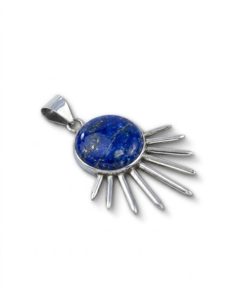 Sol Pendant in sterling silver with lapis lazuli, side view — handmade in Taxco, Mexico #Gemstone Type_Lapis lazuli