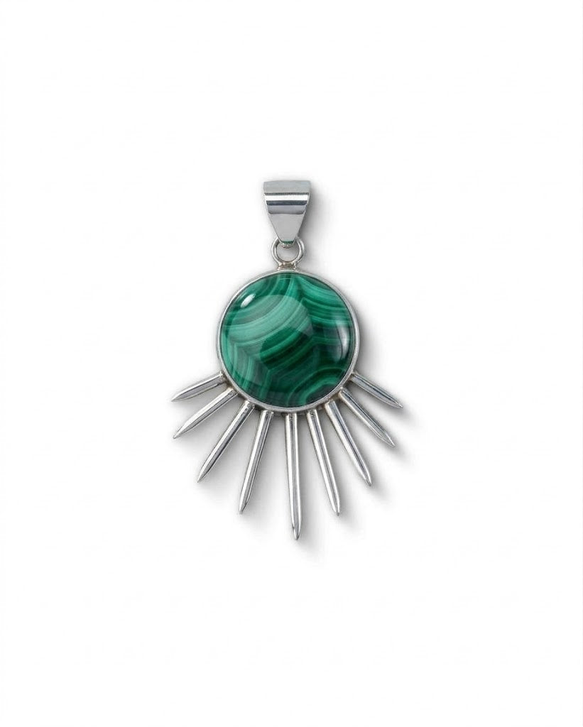 Sol Pendant in sterling silver with malachite, front view — handmade in Taxco, Mexico #Gemstone Type_Malachite