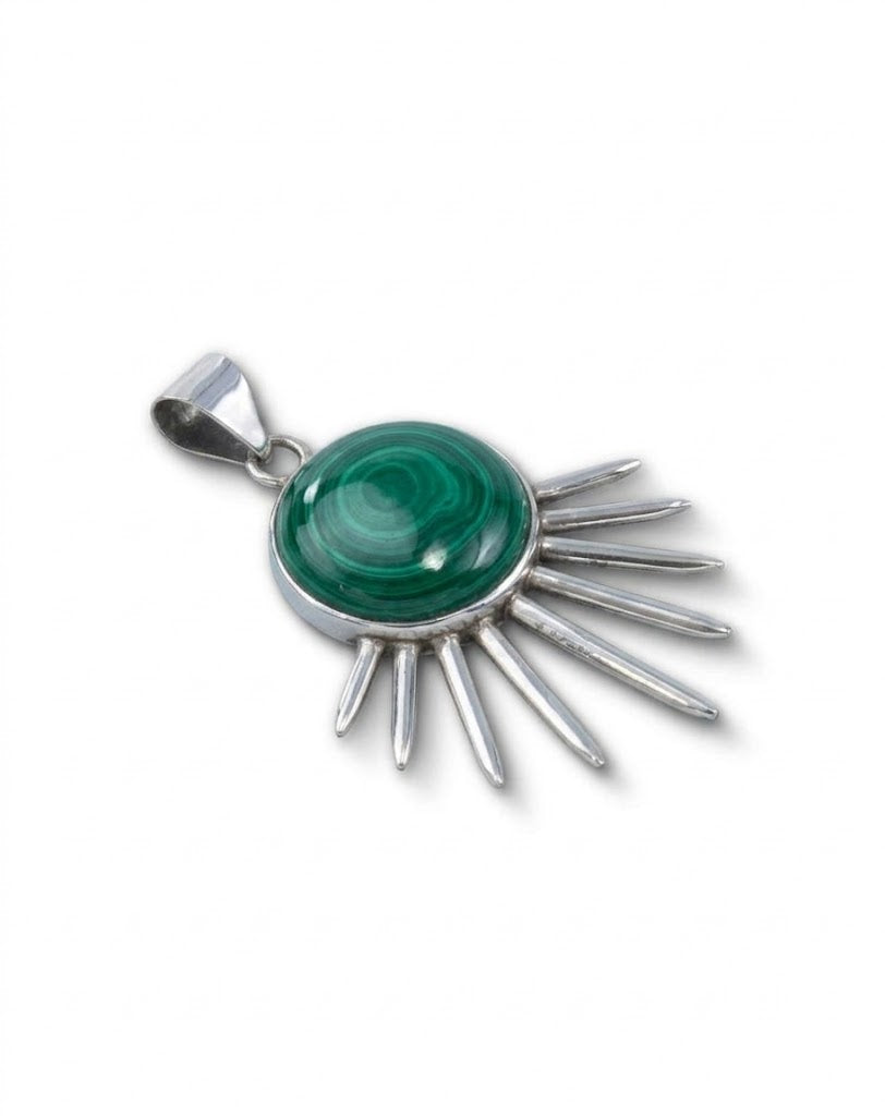 Sol Pendant in sterling silver with malachite, side view — handmade in Taxco, Mexico #Gemstone Type_Malachite
