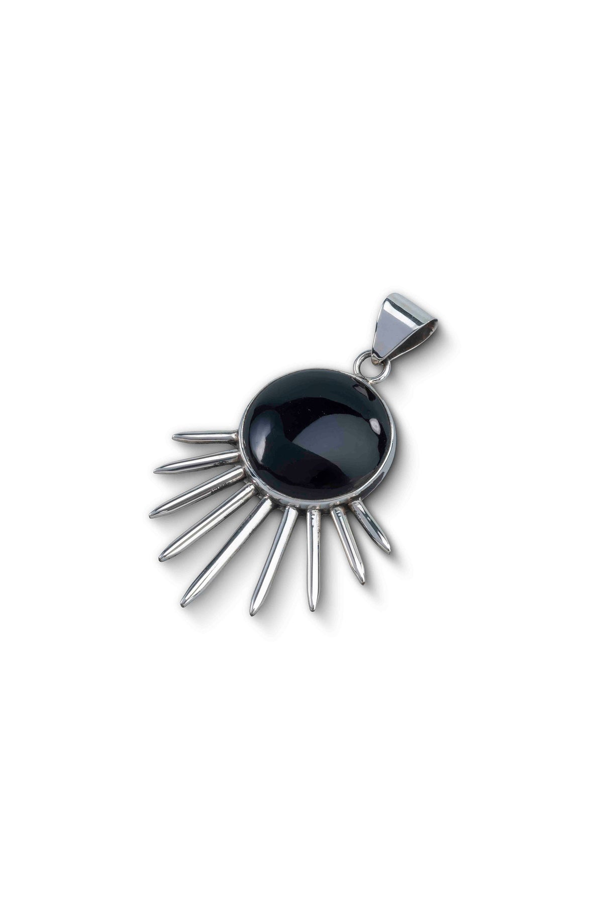 Sol Pendant in sterling silver with black onyx, side view — handmade in Taxco, Mexico #Gemstone Type_Onyx