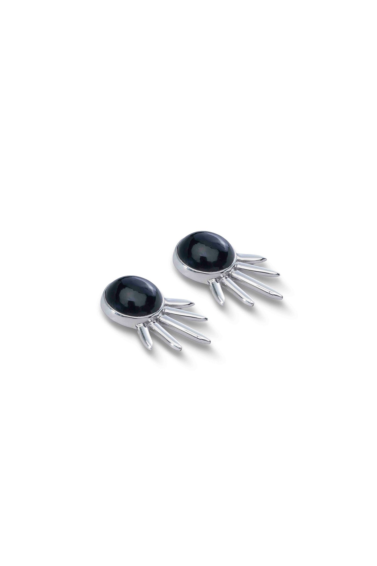 Sol Pequeño Earrings in sterling silver with black onyx, lying flat — handmade in Taxco, Mexico #Gemstone Type_Onyx